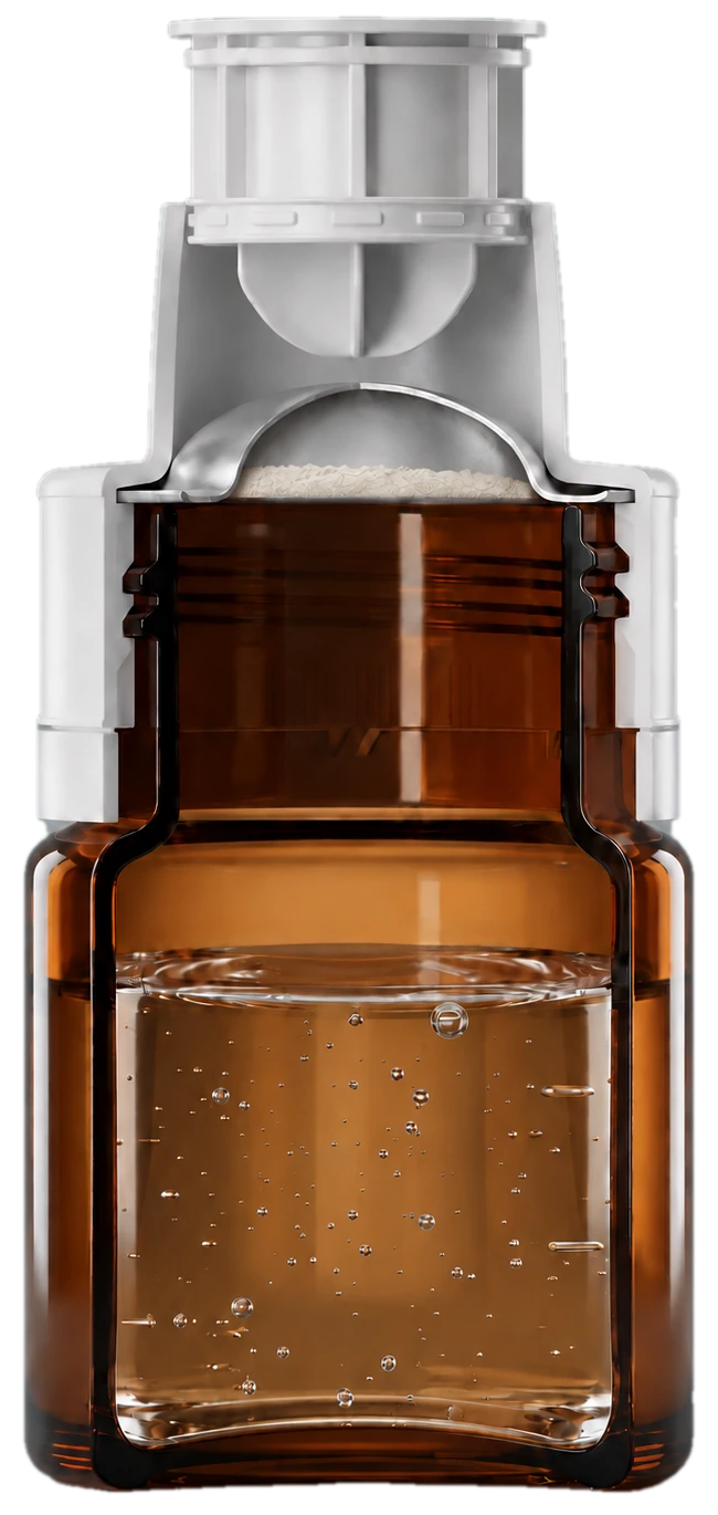 Cross-section render of the Core Complex bottle: the powder containing live Lactobacillus paracasei is held in a sealed pouch inside the white cap, above the serum base in the amber vial
